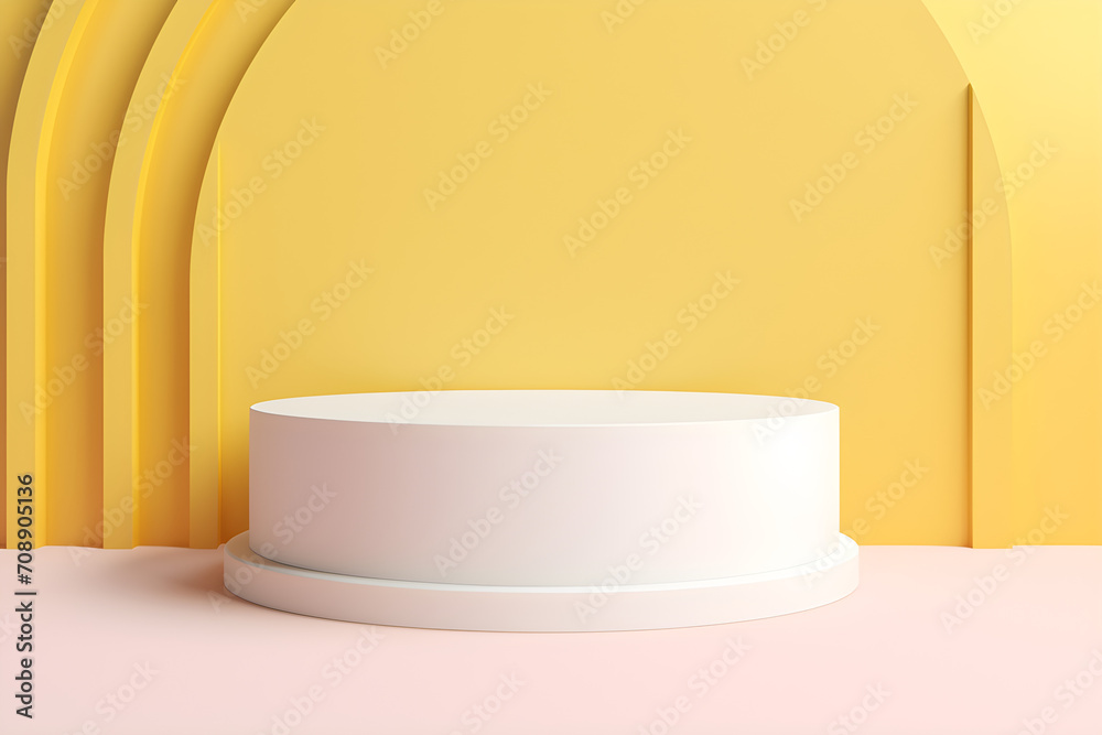 White realistic 3d cylinder pedestal podium with pastel yellow in semi circle backdrop for product.Abstract vector rendering geometric platform. Product display presentation. Minimal screen White realistic 3d cylinder pedestal podium with pastel yellow in semi circle backdrop for product.Abstract vector rendering geometric platform. Product display presentation. Minimal screen