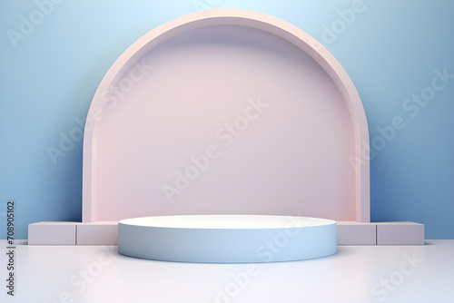 White realistic 3d cylinder pedestal podium with pastel blue in semi circle backdrop for product.Abstract vector rendering geometric platform. Product display presentation. Minimal screen