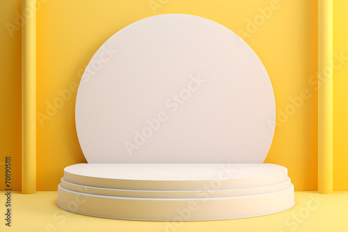 White realistic 3d cylinder pedestal podium with pastel yellow in semi circle backdrop for product.Abstract vector rendering geometric platform. Product display presentation. Minimal screen