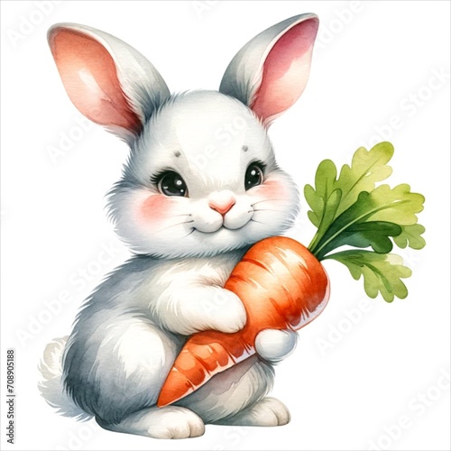 An illustration of a bunny holding a large carrot, watercolor painting style.