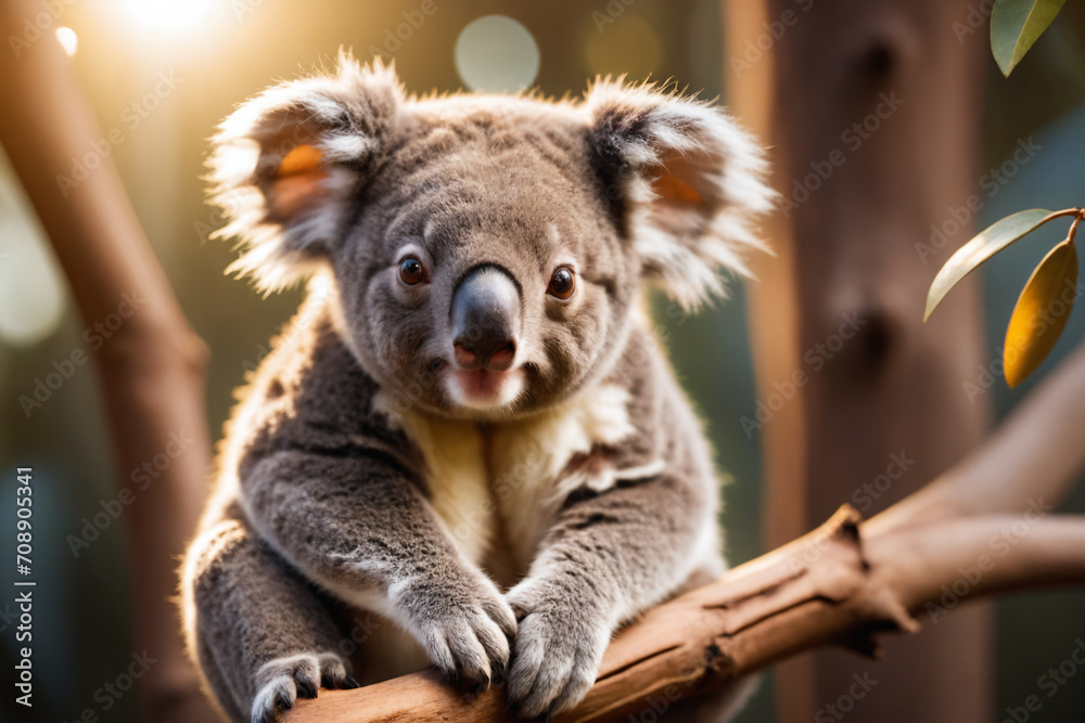 Close-up portrait of a cute small koala sitting on branch, looking at camera, cinematic light, selective focus, golden backlight Close-up portrait of a cute small koala sitting on branch, looking at camera, cinematic light, selective focus, golden backlight
