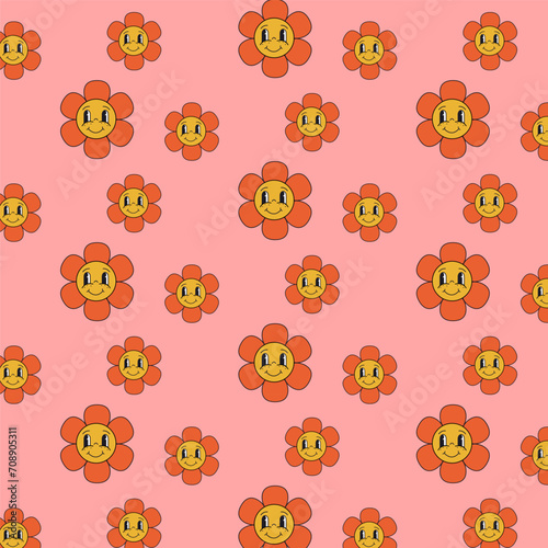 Seamless vector pattern with colorful groovy flowers and smiling faces, flowers for prints, posters, wrapping paper,backgrounds, wallpaper, scrapbooking, textile, kids fashion, stationary