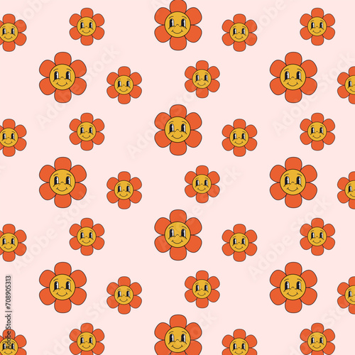 Seamless vector pattern with colorful groovy flowers and smiling faces, flowers for prints, posters, wrapping paper,backgrounds, wallpaper, scrapbooking, textile, kids fashion, stationary