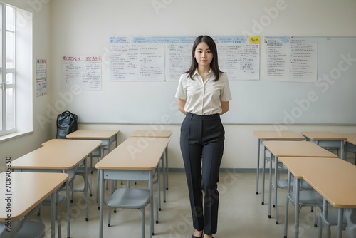 a photo portrait of a beautiful young female asain school teacher standing in the classroom. photo