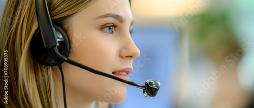 woman with headphone in ofice, call center,  AI generated