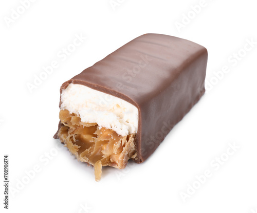 Tasty chocolate bar with nougat and nuts isolated on white
