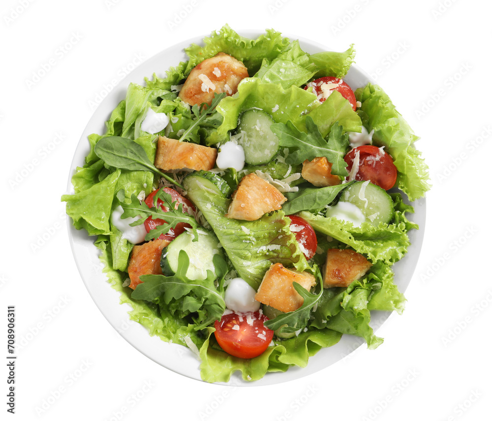 Delicious salad with chicken and vegetables in bowl isolated on white, top view Delicious salad with chicken and vegetables in bowl isolated on white, top view