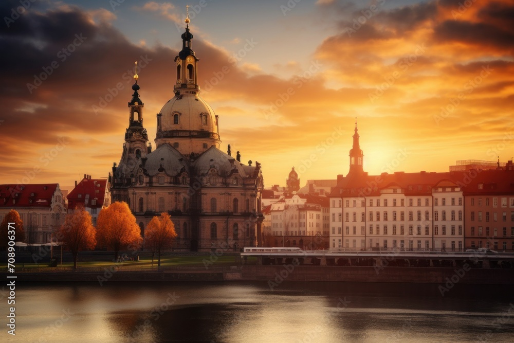 Dresden germany church. Gorgeous and marvelous building golden sunset. Generate AI