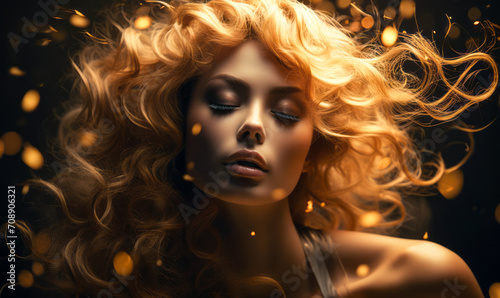 Ethereal Golden Splendor: A Dreamlike Vision of a Woman with Gilded Hair and Shimmering Particles Floating in Darkness