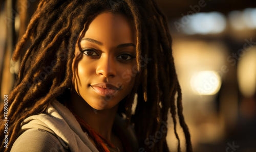 Serene young African American woman with dreadlocks exuding confidence and natural beauty in a warm light setting © Bartek