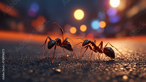 Ants in the hot afternoon on the road are like a working team walking in harmony