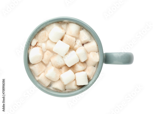 Cup of aromatic hot chocolate with marshmallows isolated on white, top view