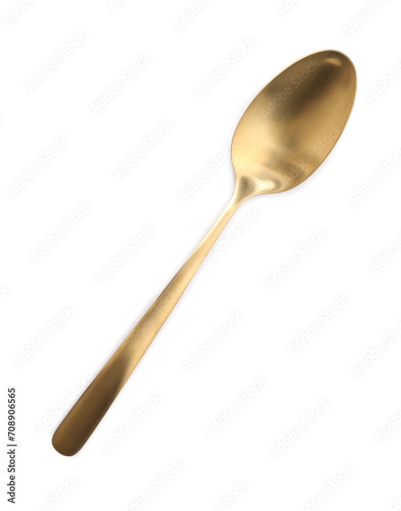 One shiny golden spoon isolated on white, top view One shiny golden spoon isolated on white, top view
