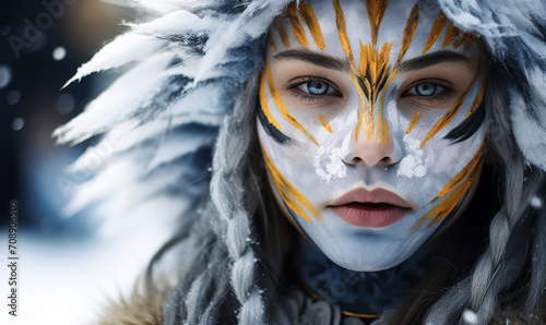 Enigmatic young woman with blue and gold tribal face paint and white fur, embodying a winter spirit with an intense, mystical gaze photo