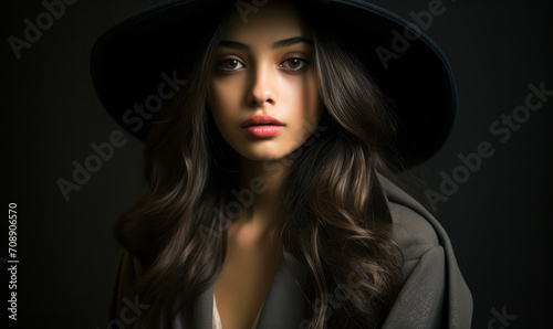 Serious Young Girl with Dark Hair Wearing a Wide-Brimmed Hat and Overcoat, Vintage Style Portrait on a Dark Background