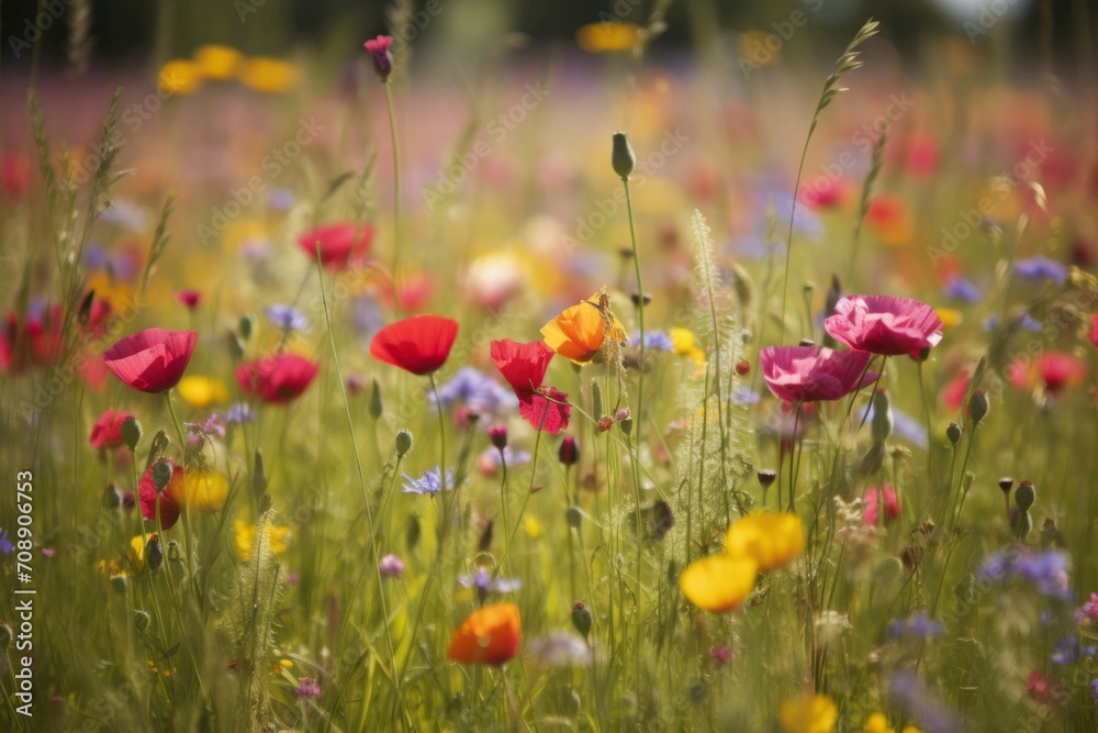 Flower meadow spring. Miscellaneous and multicolored plants blooming field. Generate AI Flower meadow spring. Miscellaneous and multicolored plants blooming field. Generate AI
