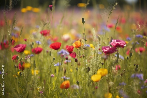 Flower meadow spring. Miscellaneous and multicolored plants blooming field. Generate AI