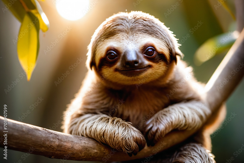 Fototapeta premium Close-up portrait of a cute small sloth sitting on branch, looking at camera, cinematic light, selective focus, golden backlight