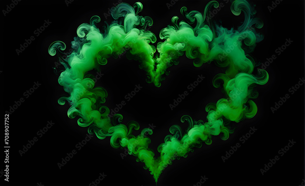 Heart-shaped green smoke against the pitch-black background. Generative AI Heart-shaped green smoke against the pitch-black background. Generative AI