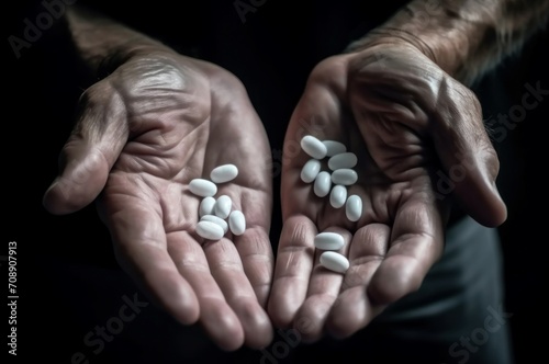 Hands elderly man pilis. Adults and patrilineal palms holding medication. Generate AI photo