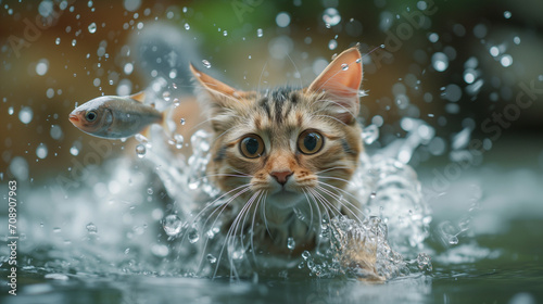 Cat playing with or trying to catch a fish
