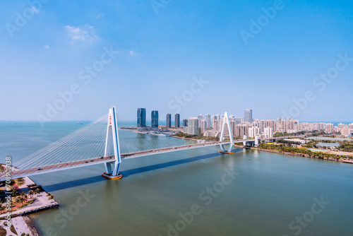 High View Sunny Scenery of the Haidian River Century Bridge in Haikou, Hainan, China #708908138