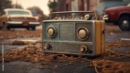 old radio on a asphalt road