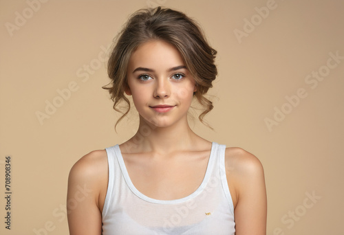 Portrait of cute charming nice pretty teen teenager look hairstyle hair feel glad attractive lovely wear white light-colored top singlet isolated pastel beige background