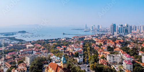 Aerial photography of Qingdao Christian Church and Pier in Nanqu District, Qingdao, Shandong, China
