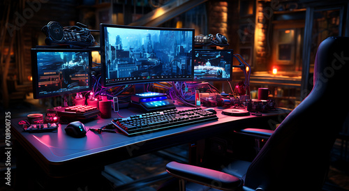 View of an empty cyberpunk futuristic computer room