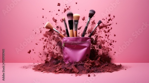 Spilled makeup brushes on pink.. Generative AI photo