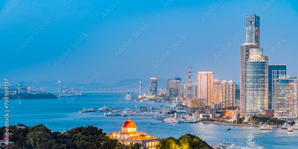 Night Scenery of Gulangyu Island and West Coast City Skyline in Xiamen, Fujian, China