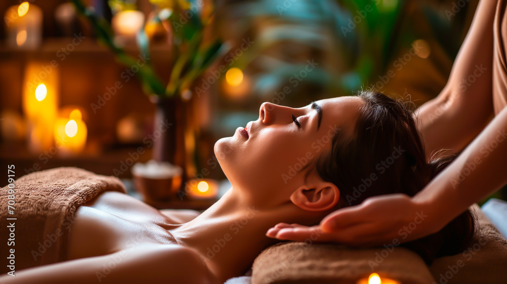 Woman enjoying a relaxing head and neck massage at a serene spa.
 - obrazy, fototapety, plakaty 