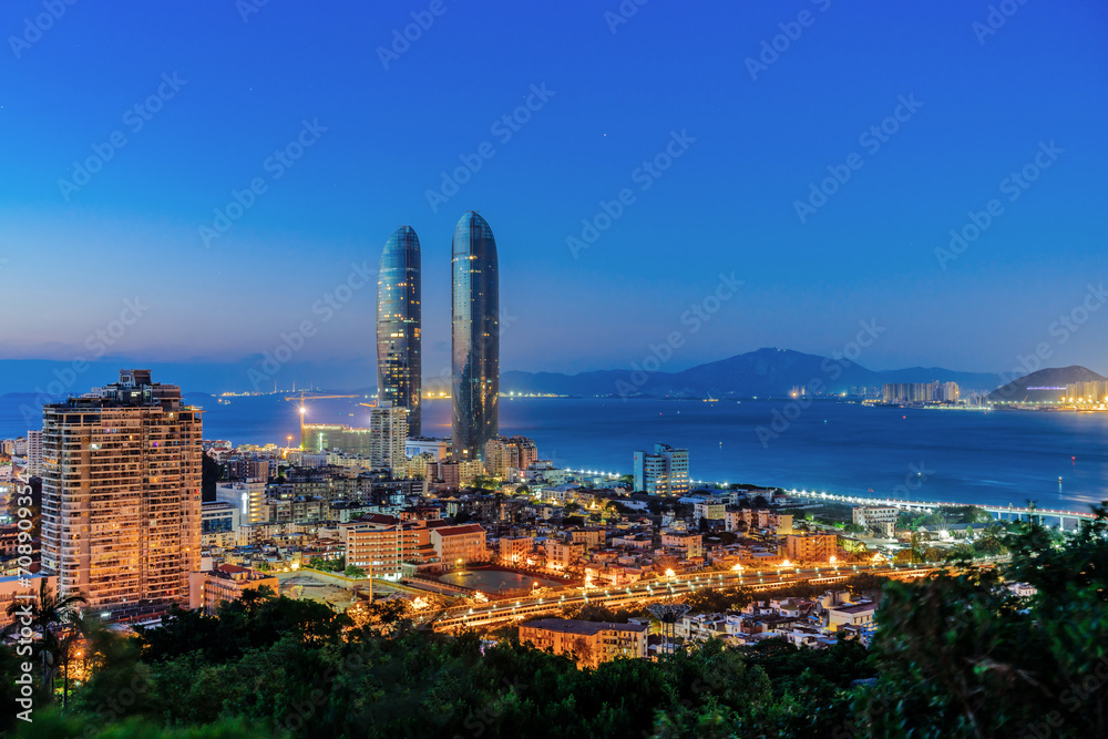 High View Night Scenery of Twin Towers and Elevated Bridges in Xiamen, Fujian, China