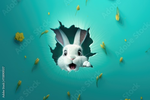 The surprised rabbit looks through a hole in wall. The concept of a happy Easter.