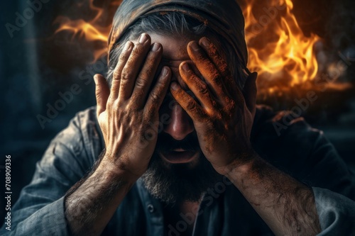 Man eyes hand fire. Adult and frightened person with beard hide face. Generate AI photo