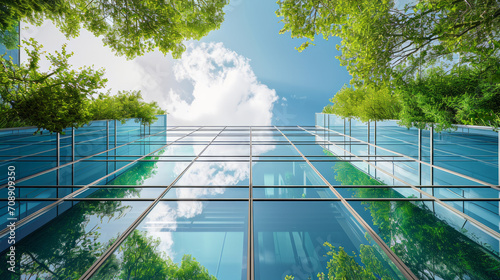 Architecture image with a modern glass building with a lot of green plants trees and bushes for business architecture environmental friendly and eco-concept photo