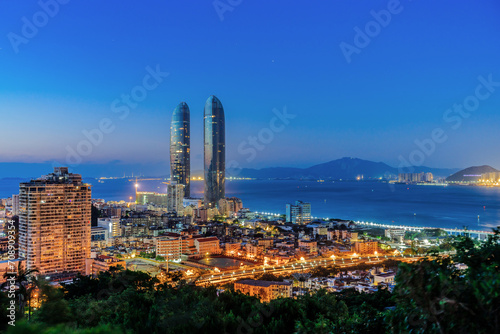 High View Night Scenery of Twin Towers and Elevated Bridges in Xiamen, Fujian, China