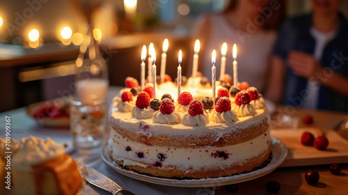 Creamy birthday cake with colorful berries and candles with family at home in blurred background , group of people celebrating relative birthday party