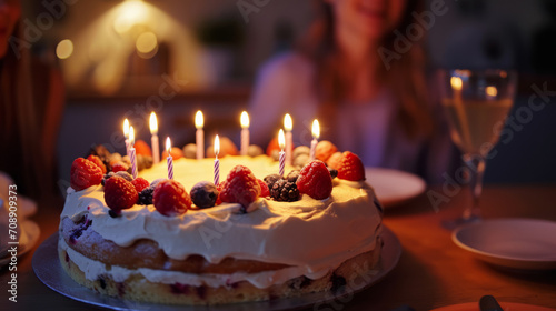 Creamy birthday cake with colorful berries and candles with family at home in blurred background   group of people celebrating relative birthday party