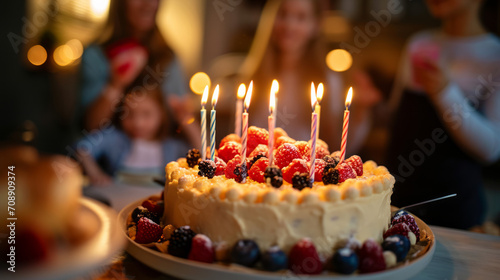Creamy birthday cake with colorful berries and candles with family at home in blurred background , group of people celebrating relative birthday party photo