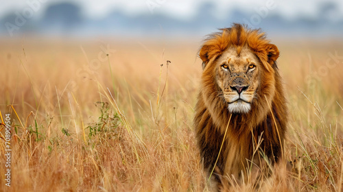 Lion portrait on savanna. Portrait of a strong male lion. AI Generative