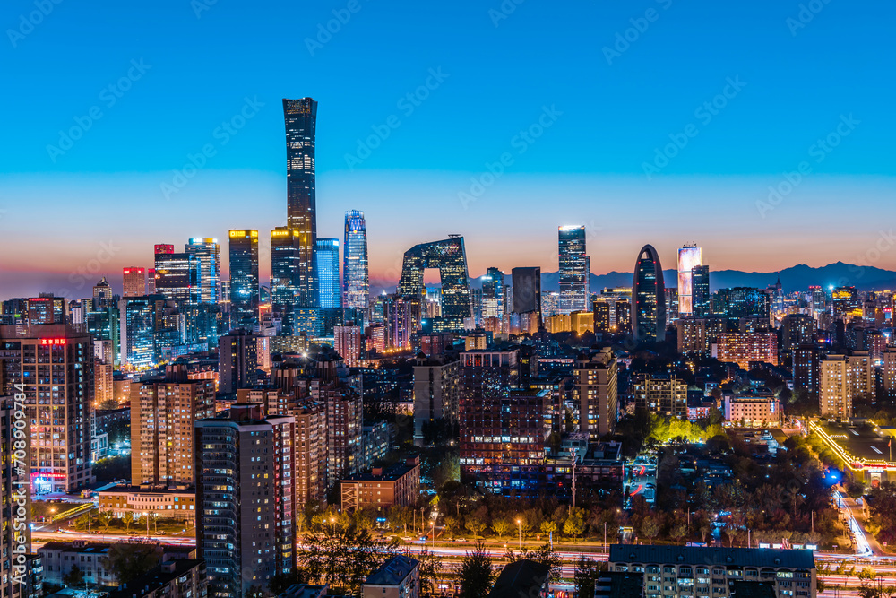 High View Night Scenery of Beijing International Trade CBD Architecture Complex in China