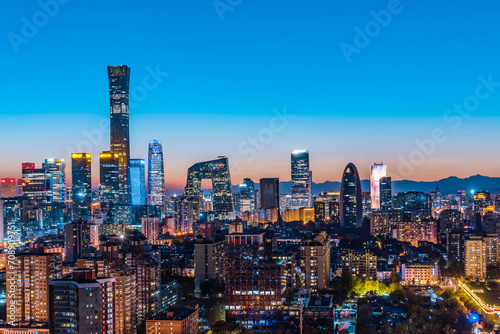 High View Night Scenery of Beijing International Trade CBD Architecture Complex in China © Govan