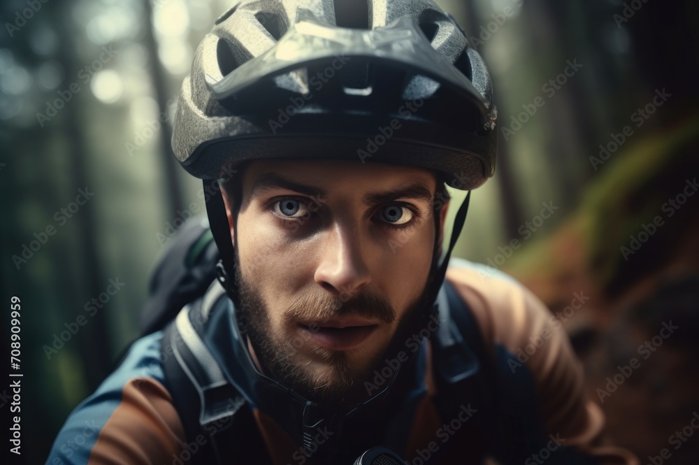 Extremally biker forest. Handsome and concentrated practices dangerous sport. Generate AI Extremally biker forest. Handsome and concentrated practices dangerous sport. Generate AI