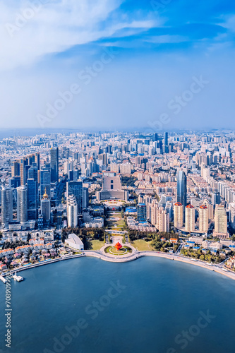 Aerial photography of the coastline of Fushan Bay and May Fourth Square in Qingdao  Shandong  China