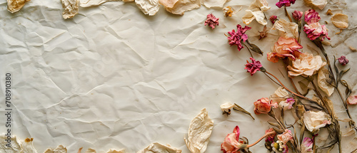 Colorful dried flowers on old paper with copy space.