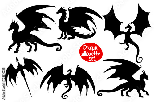 Set of vector dragon silhouette on white background
