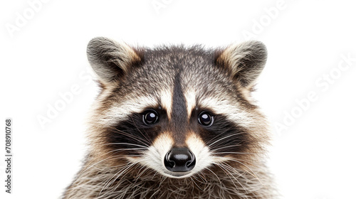 Portrait of a cute funny raccoon, closeup, isolated on a white background. AI Generative