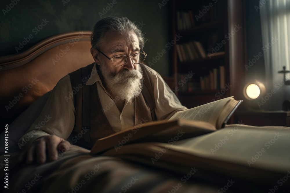 Old man bed reading. Serious and thoughtfully senior holding big book. Generate AI Old man bed reading. Serious and thoughtfully senior holding big book. Generate AI
